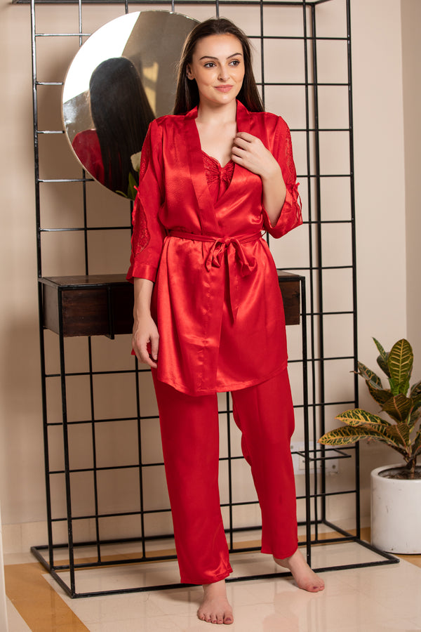 Sleek satin wrap & cami night suit with feminine flounce chiffon