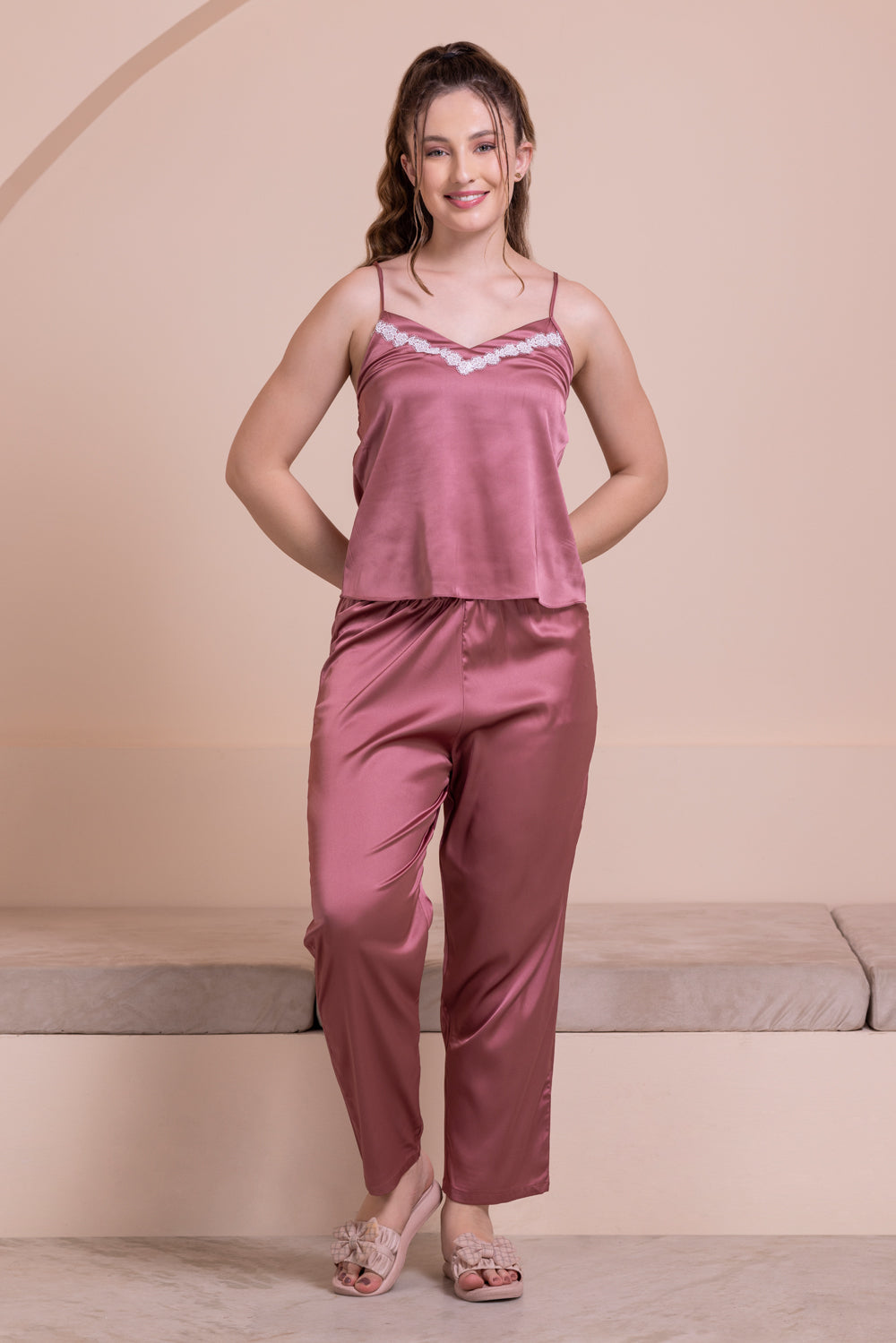 Rose Satin Pj set with intricate lace