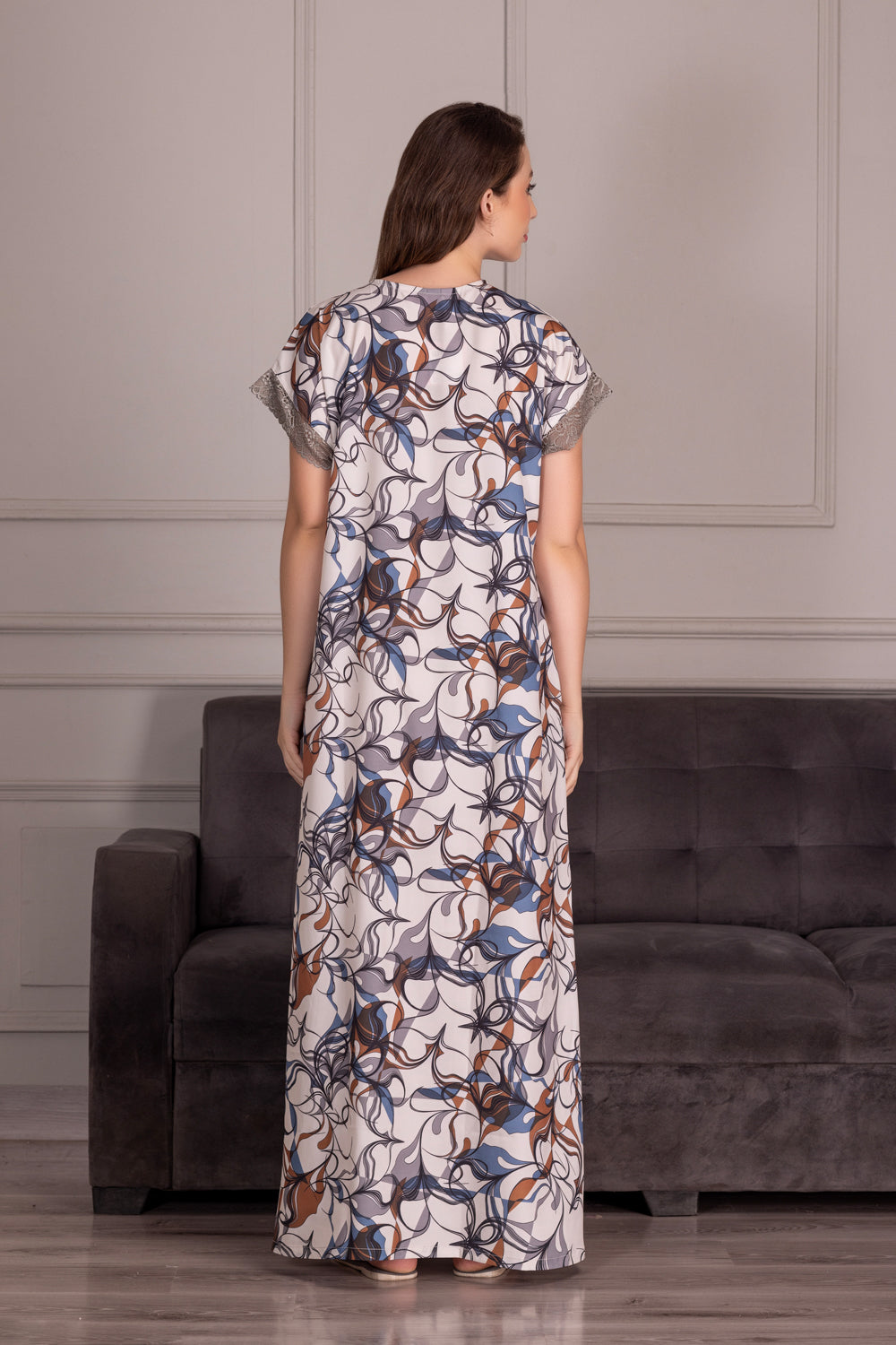 Digital print satin Night dress with lacework