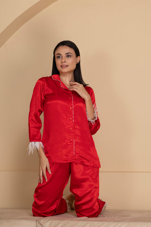 Valentine Red satin Pj set with feathers