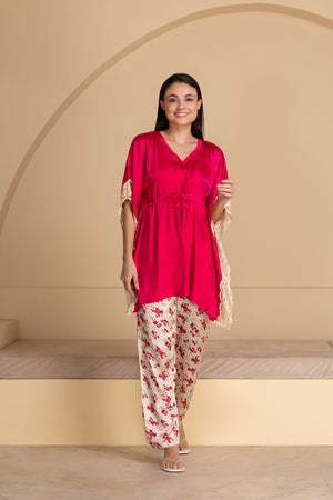 Hot pink satin Kaftan with lace