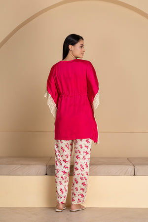 Hot pink satin Kaftan with lace