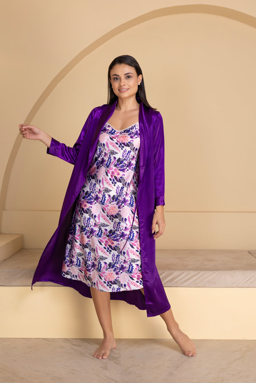 Purple Printed Satin Nightgown Set