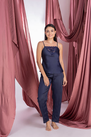 Navy blue satin Night suit with robe