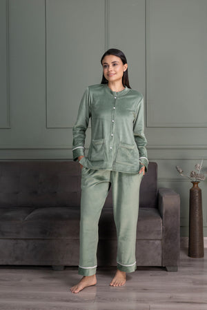 Mint green velvet pj set with pearl buttons & lace