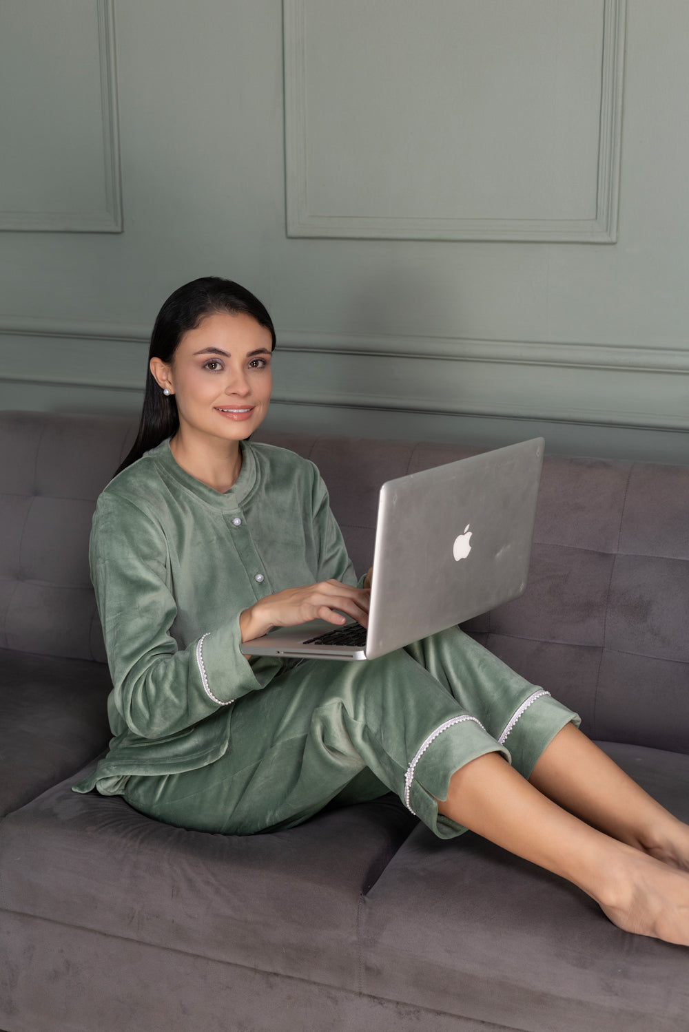 Mint green velvet pj set with pearl buttons & lace