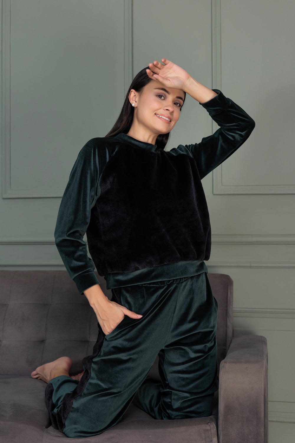 Bottle green track suit with Black fur