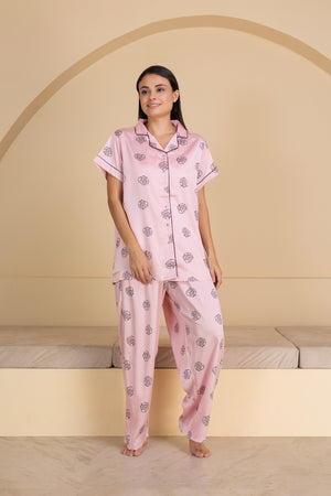 Baby pink Floral Pj set in super soft satin