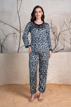 Leopard print Satin pj set with Lace detail