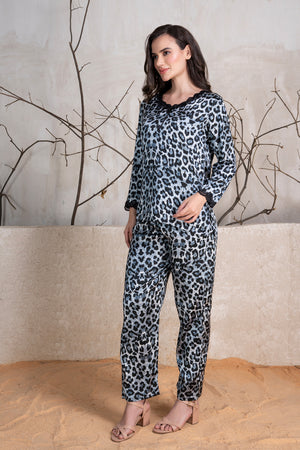 Leopard print Satin pj set with Lace detail