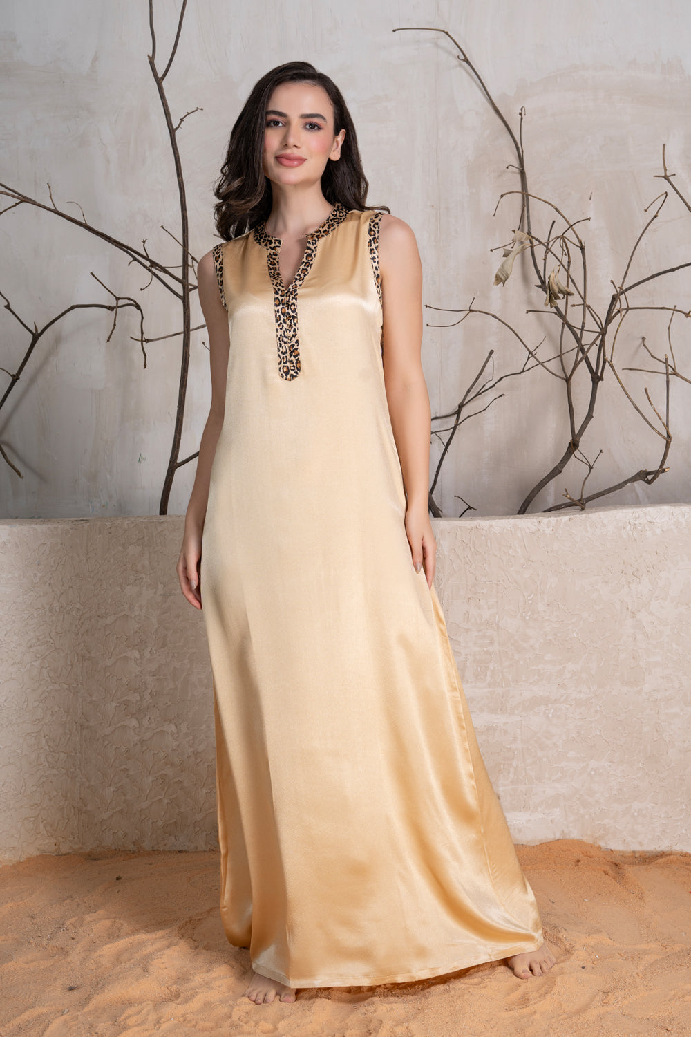 Sleeveless Satin nighty in gold