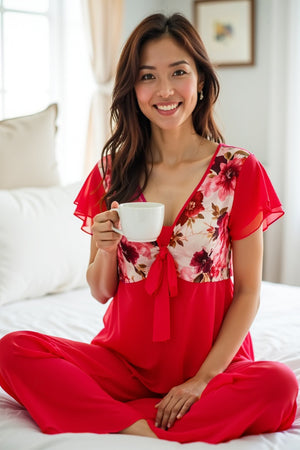 Red Bloom Chiffon Night Suit