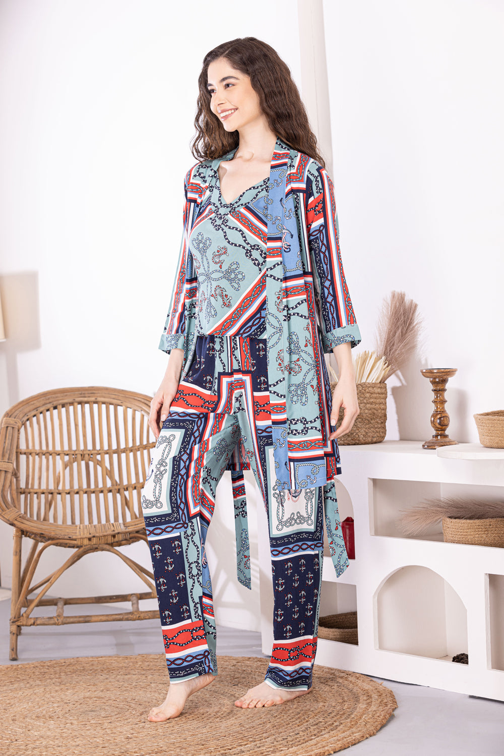 Printed Pj set with Long Robe