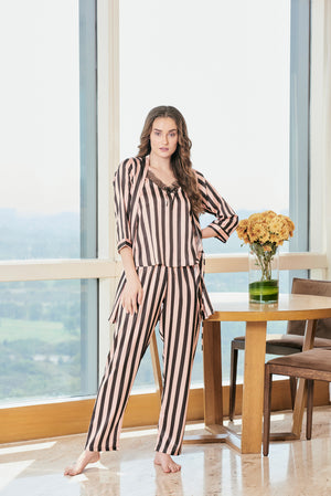 Stripe Satin Night suit with Robe Private Lives