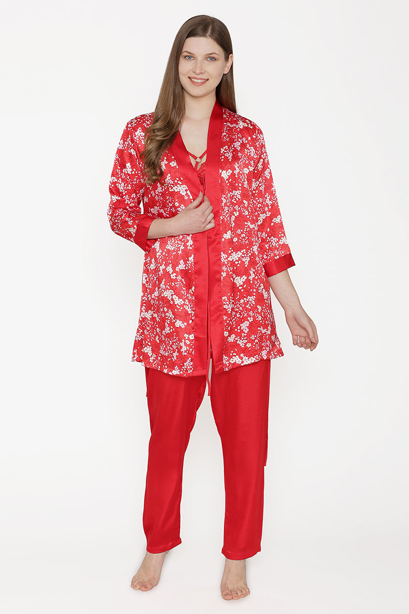 Private Lives Red Satin Top Pajama & Robe - Private Lives