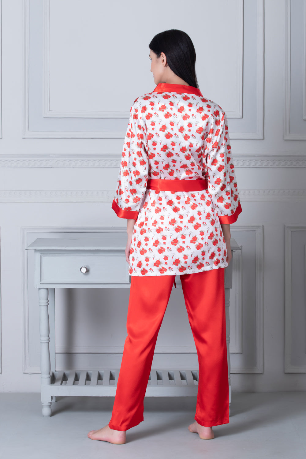 Satin Night suit with floral Robe Red & White Private Lives