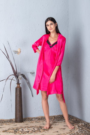 Hot Pink short Satin Nightgown set - Private Lives