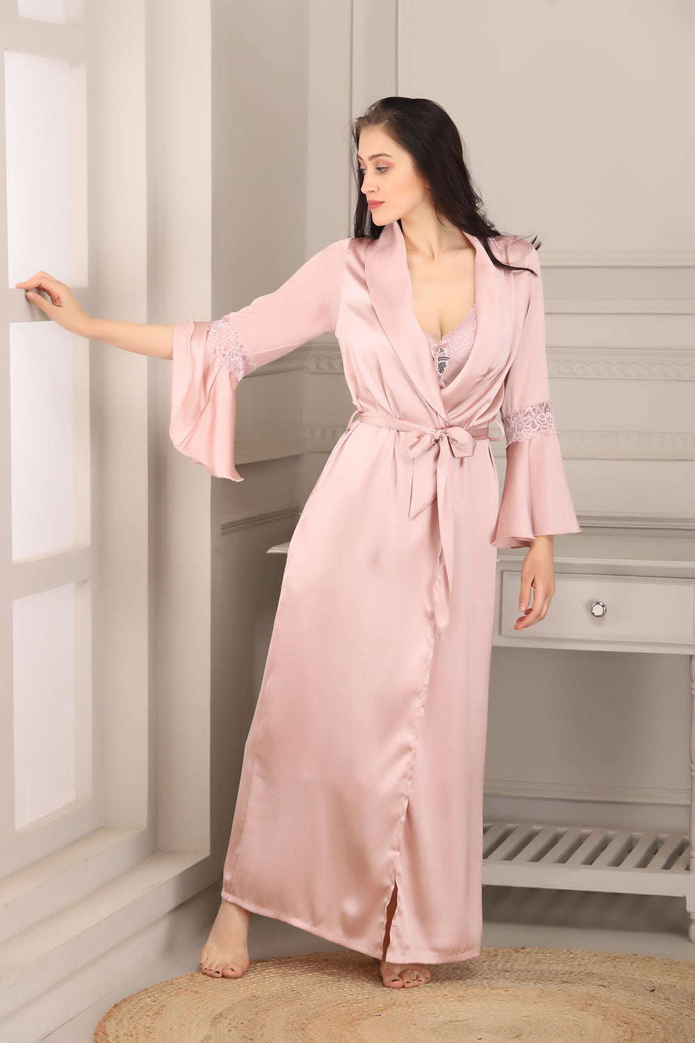 Robes Women Sleepwear Nightgowns Set Women Lingerie Evening Wear Deep V  Bathrobe Young Girl Sling (Grey Set Large) 
